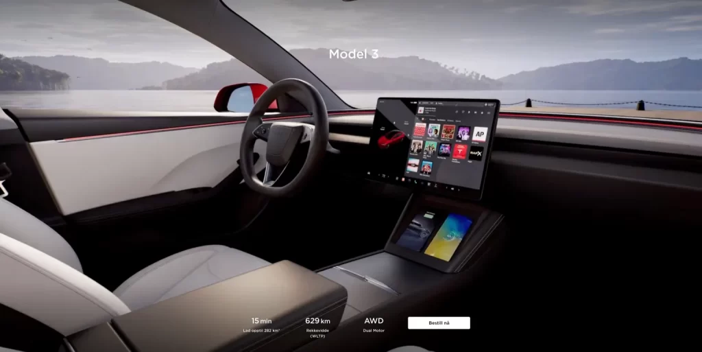 Tesla Model 3 interior with design tweaks and enhanced range.