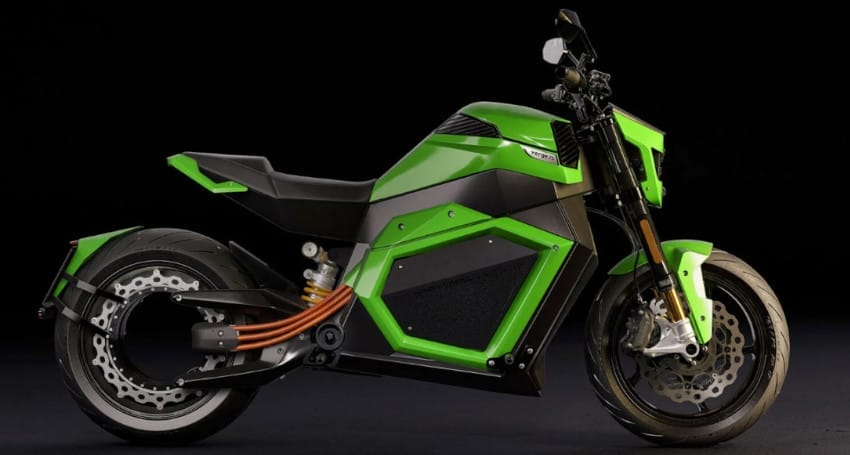 A green Verge TS Ultra electric motorcycle is shown moving at high speed against a black background.