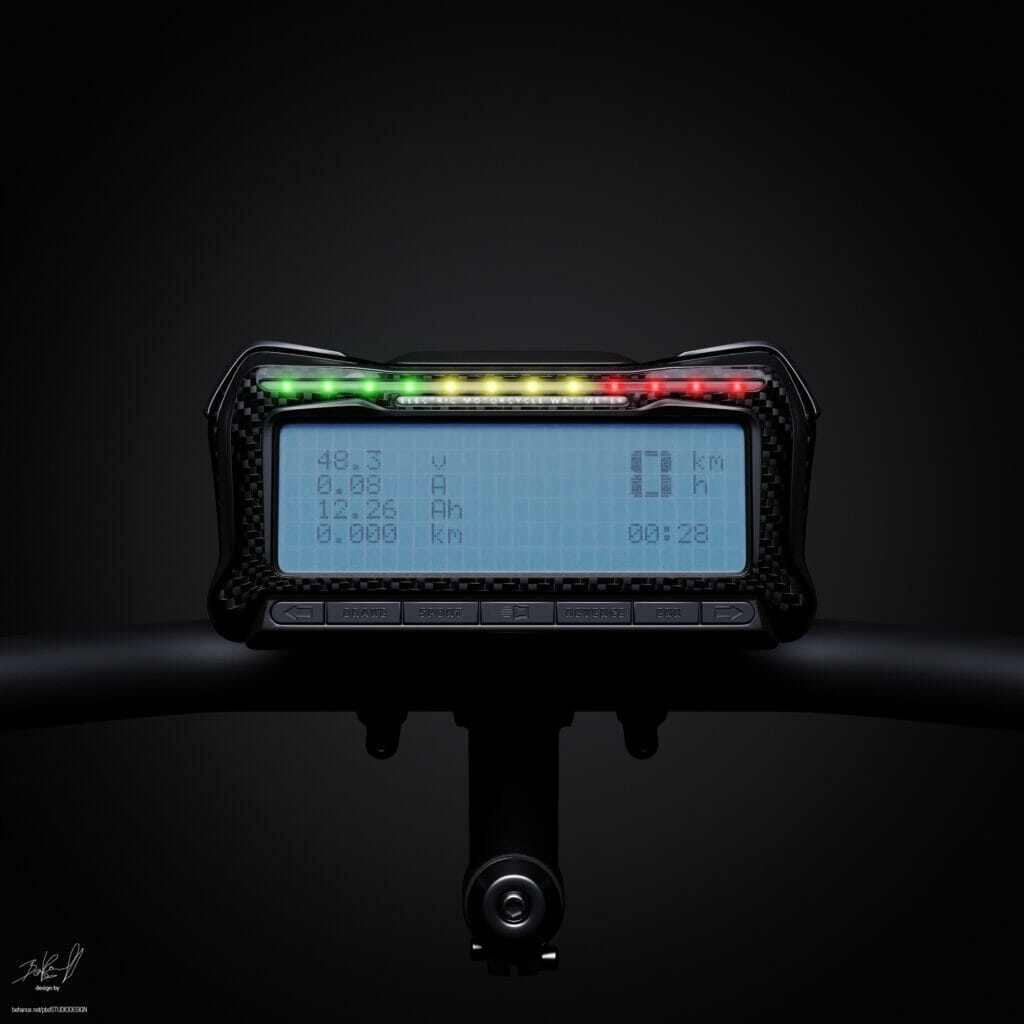 The handlebar of a bike with a digital display.