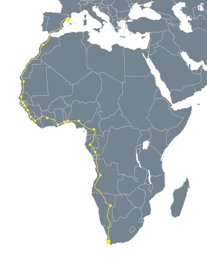 A map of africa with a yellow line on it.