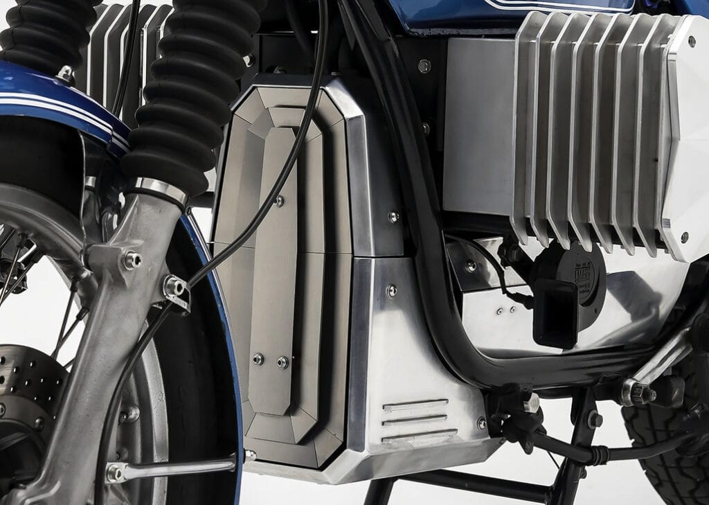 Close up, blue motorcycle.