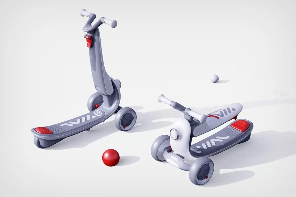 Innovative 2-in-1 Toy E-Scooter for Children on a white surface.