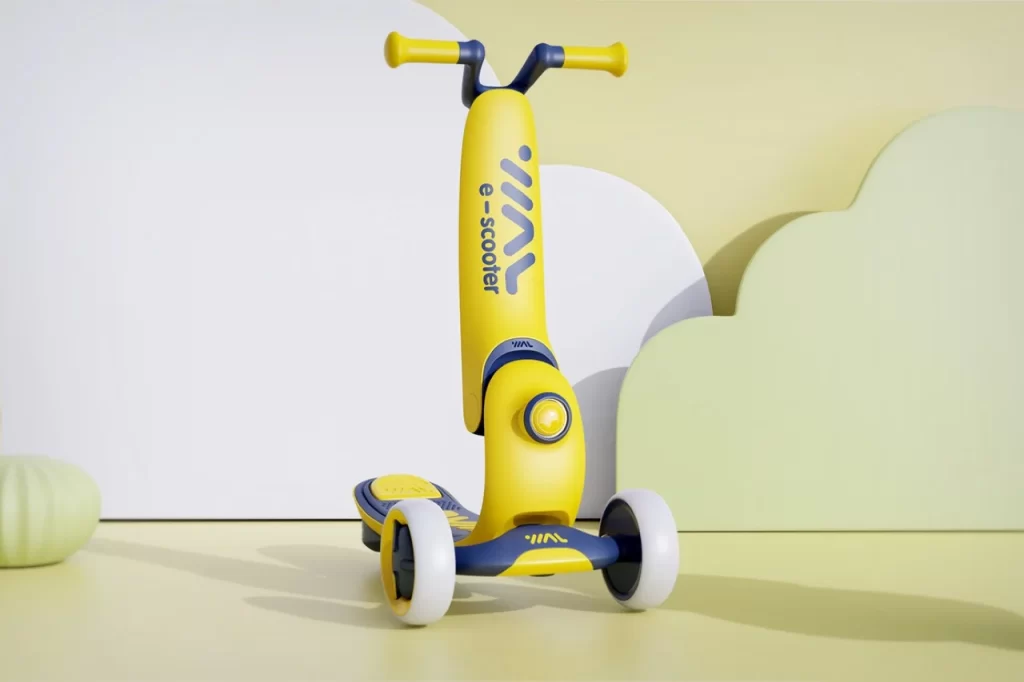 A yellow and blue scooter with wheels, perfect as an innovative 2-in-1 toy e-scooter for children to learn through play.