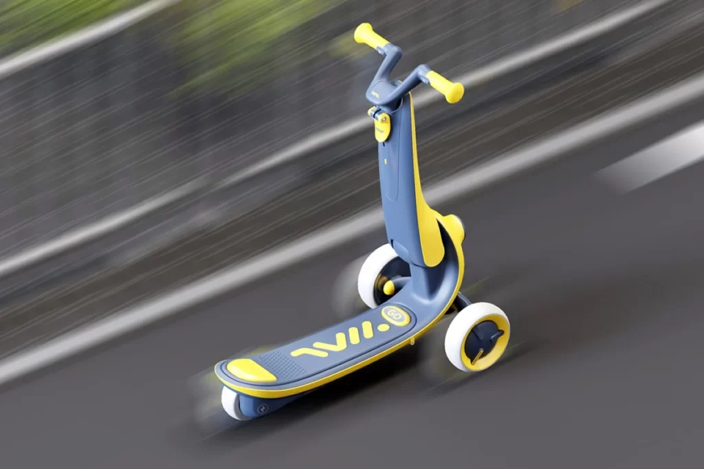 An innovative 2-in-1 toy e-scooter in blue and yellow, promoting learning through play.