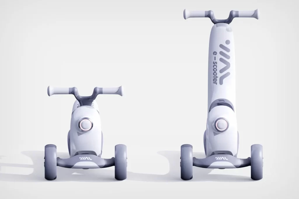 A pair of innovative white scooters for children on a white background.