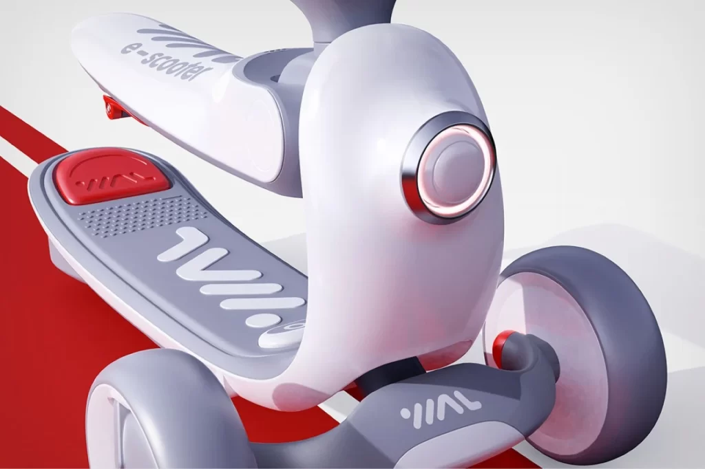 A white and red scooter for children, designed as an innovative 2-in-1 toy that encourages learning through play.