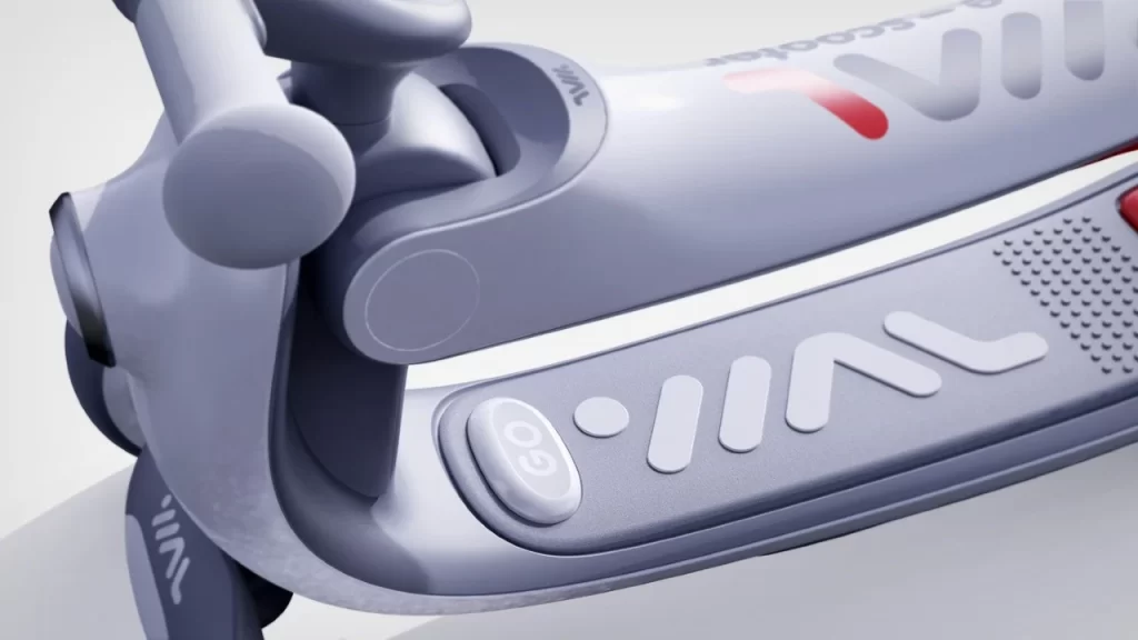 A close up of an innovative grey toy scooter designed for learning through play.