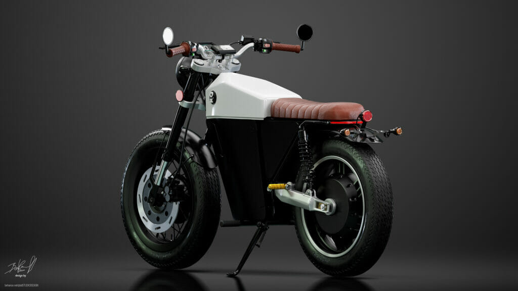 A white and brown motorcycle on a black background.