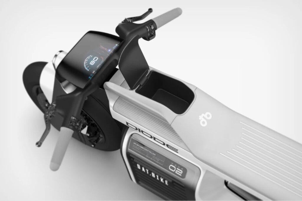 A Cyberpunk Minimalism Triumph motorcycle featuring a seat and handlebars.