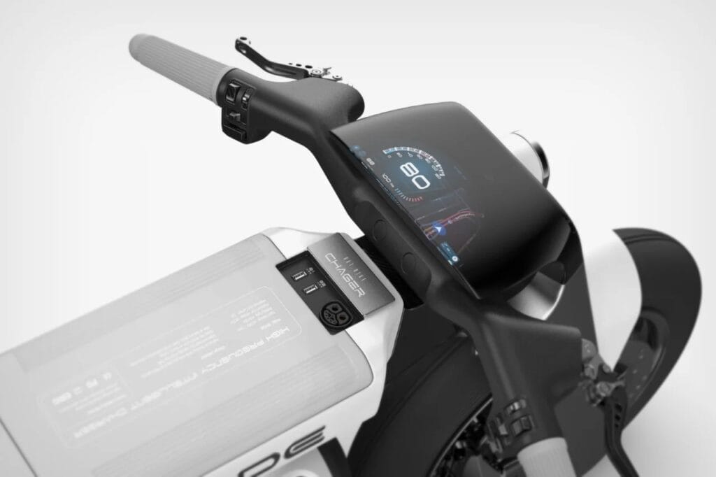 A cyberpunk motorcycle with a digital display.