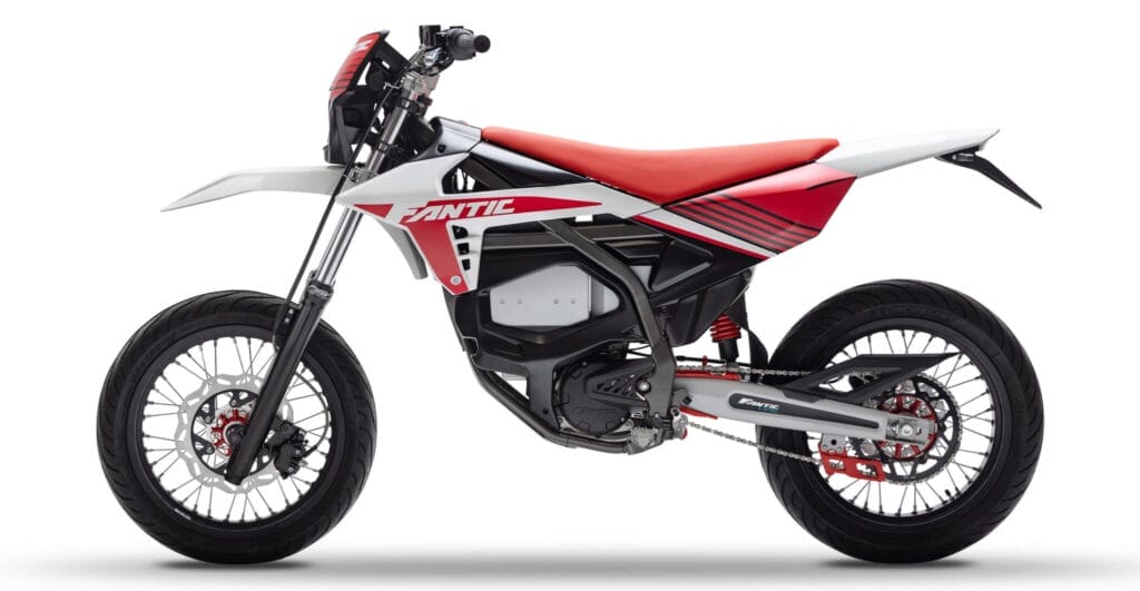 A red and white dirt bike on a white background.