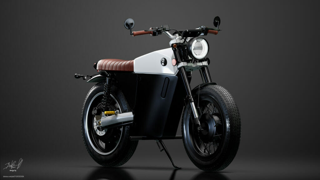 A black and white motorcycle on a dark background.