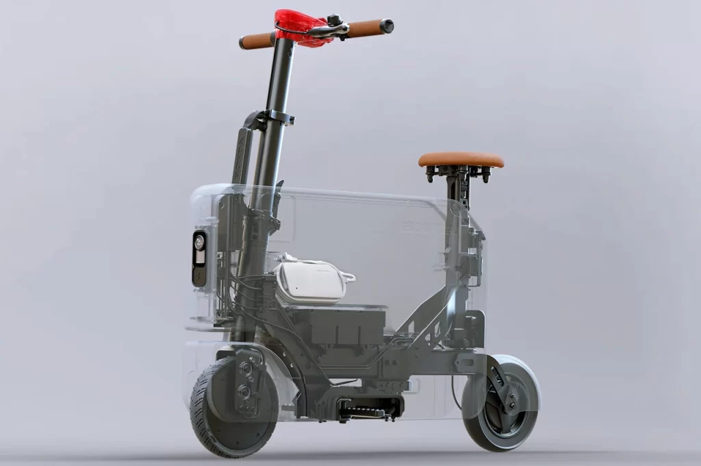 An electric scooter with a red handlebar and Kawasaki.