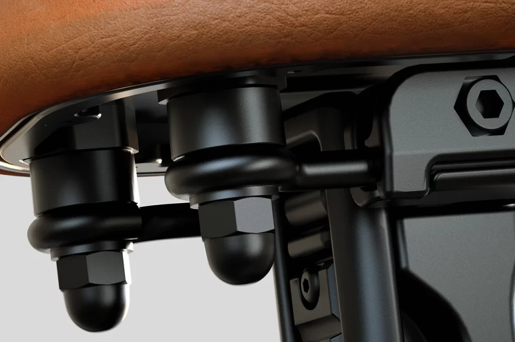 A close up of the seat of a Kawasaki motorcycle.