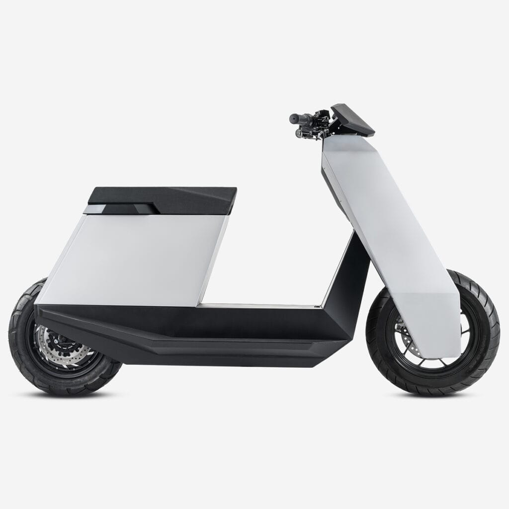 Electric scooter, white background.