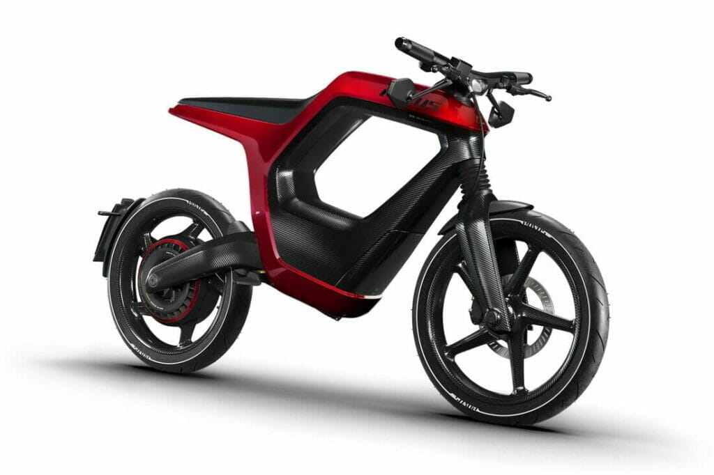 A premium electric bike with a red and black design on a white background.