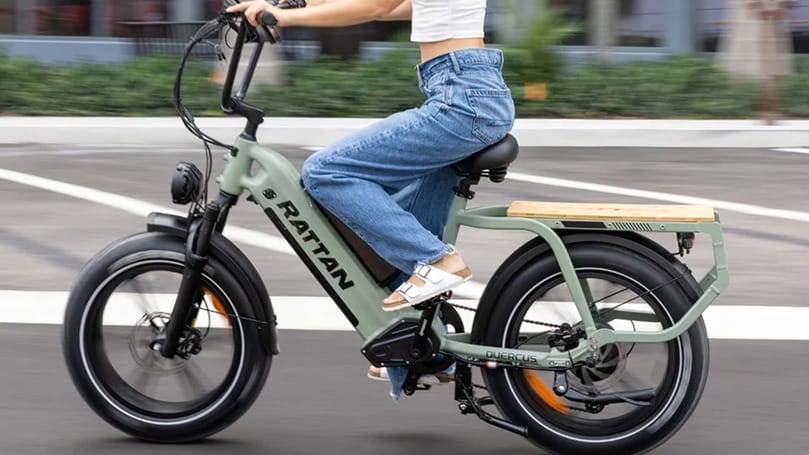 A woman riding a Dual Batteries electric bike with a basket.