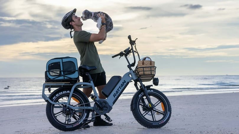A man riding a Quercus E-Bike with a cat on the beach.