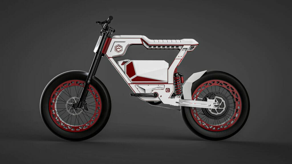 A white and red electric ERoybike with powerful hub motors.