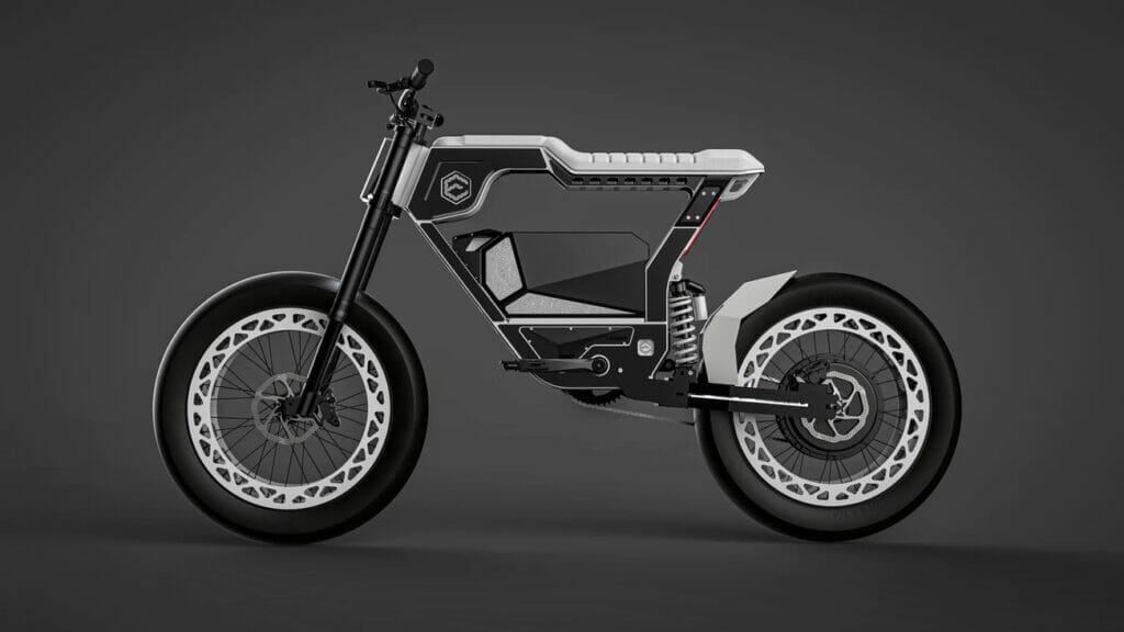 A powerful ERoybike with a monocoque chassis and powerful hub motors on a dark background.