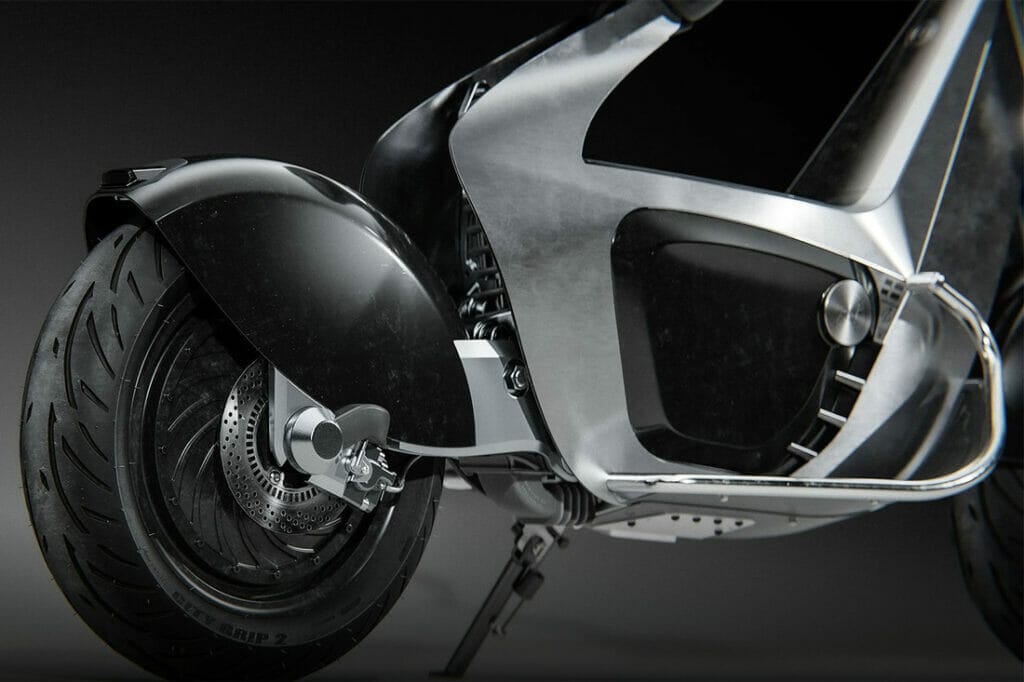 A black and silver motorcycle with STILFOLD Technology on a black background.