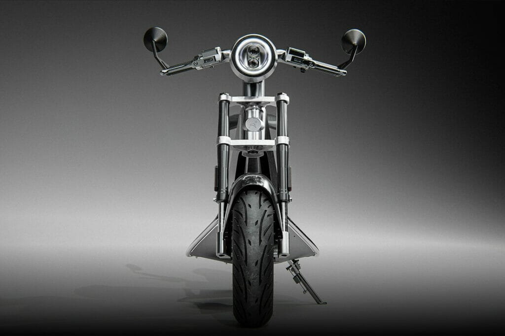 A silver motorcycle.