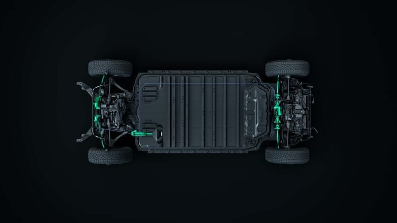An image of a Tesla Cybertruck on a black background.