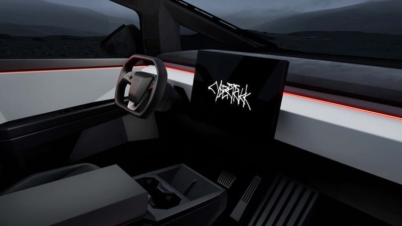 The interior of a Tesla Cybertruck, designed by Elon Musk, showcases a futuristic ambiance.
