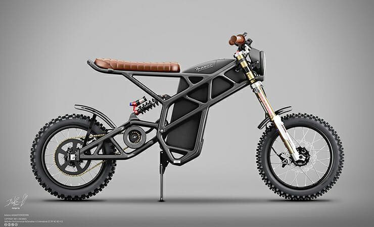 An electric bike is shown on a gray background.