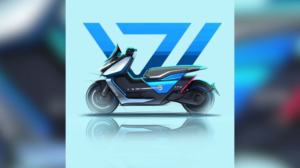 A blue and white scooter with the letter v on it.
