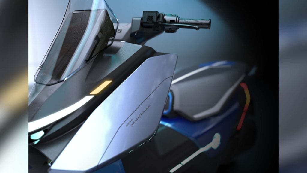 A rendering of a blue motorcycle with a windshield.