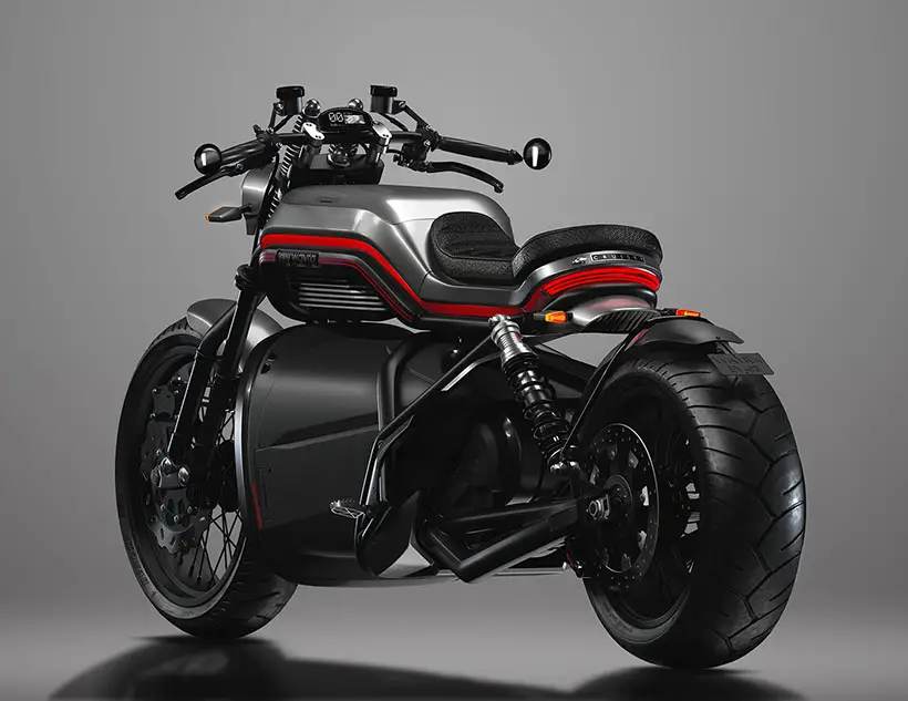 A black and red motorcycle on a gray background.