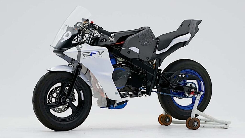 A black and white motorcycle showcased at Yamaha's 2023 Japan Mobility Show.