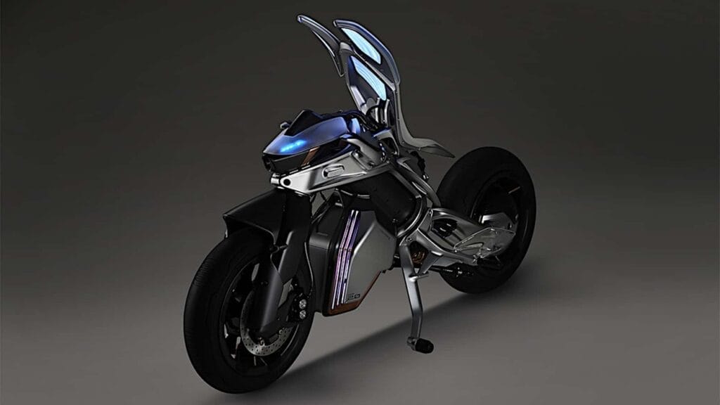 An image of a futuristic motorcycle at Yamaha's 2023 Japan Mobility Show.