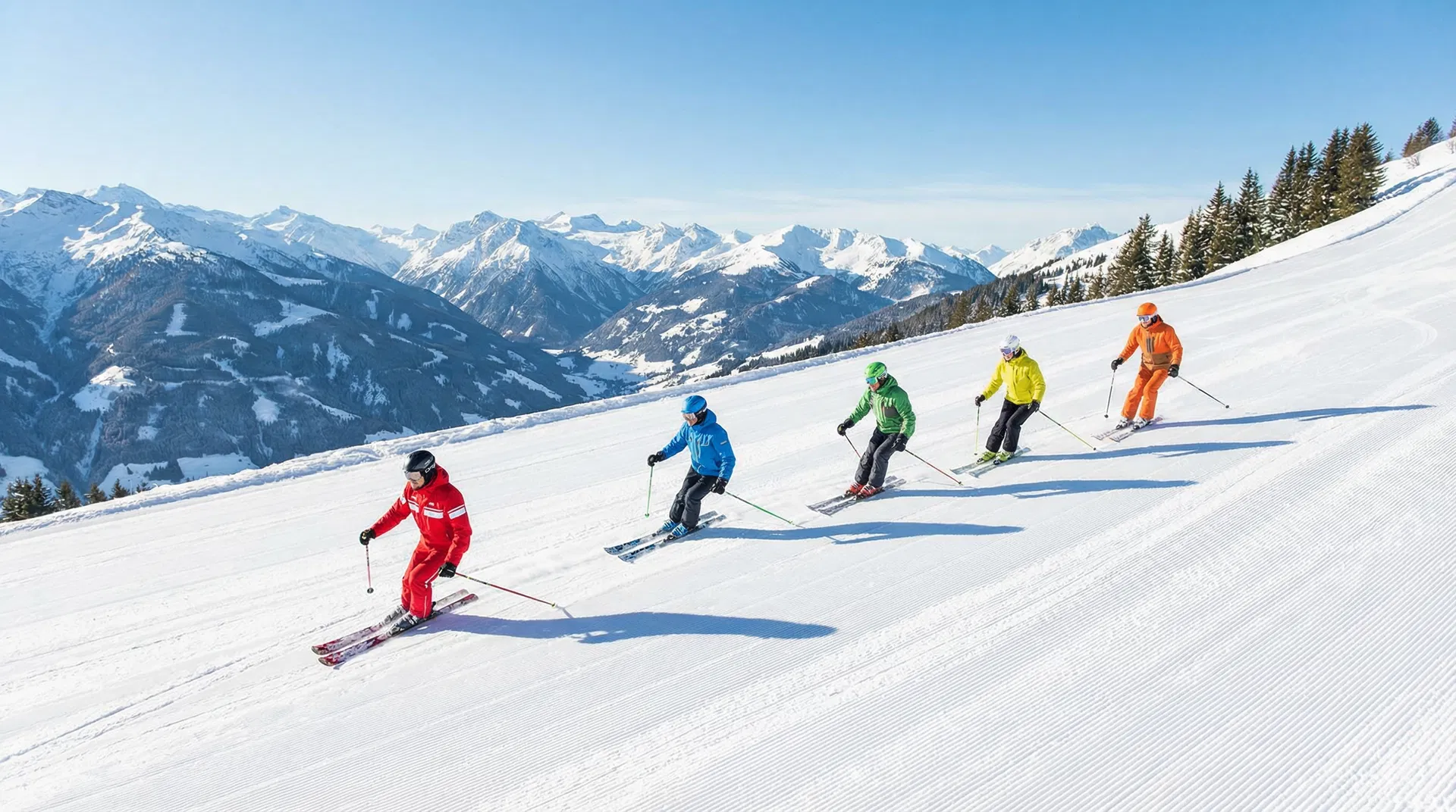 Ski instructor teaching a group lesson on a sunny mountain slope
