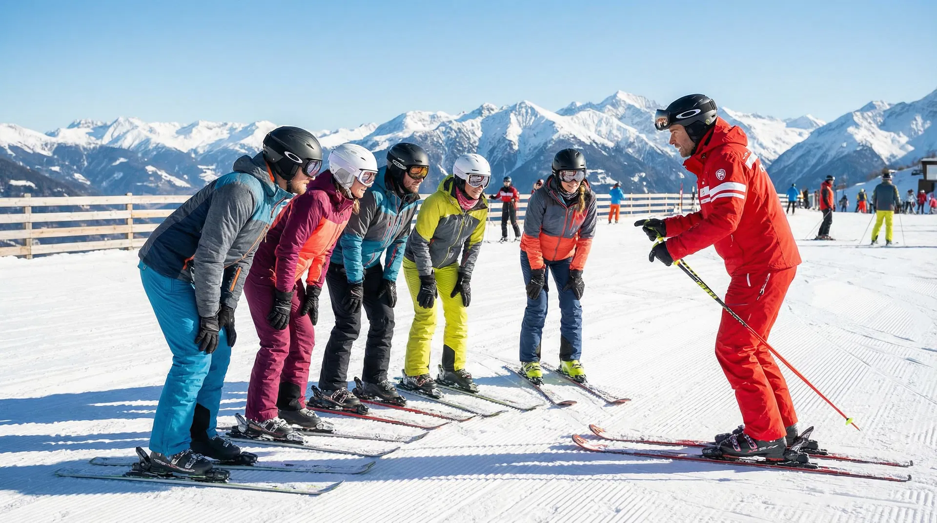 Group ski lesson on nursery slope