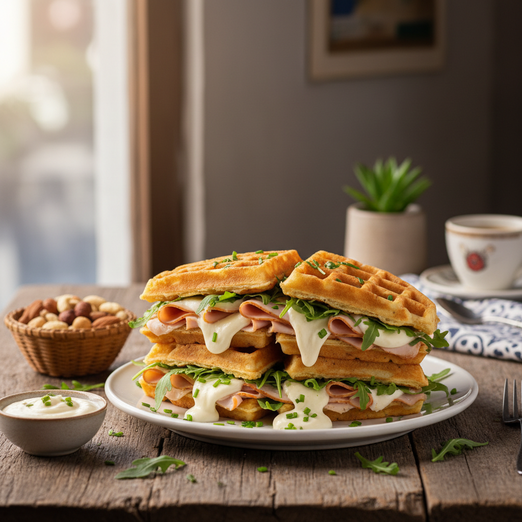 Waffle  com Peito de Peru, Mussarela e Requeijão