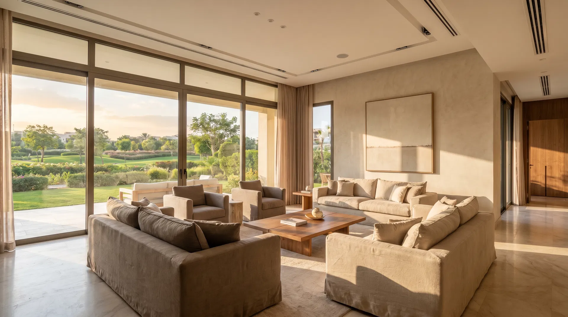 Hyde Park New Cairo apartments — spacious living room with garden view