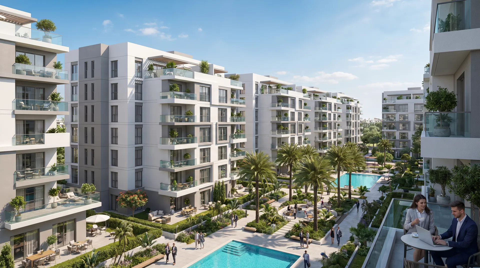 SODIC KARMELL apartments in Sheikh Zayed - modern buildings with balconies and green gardens