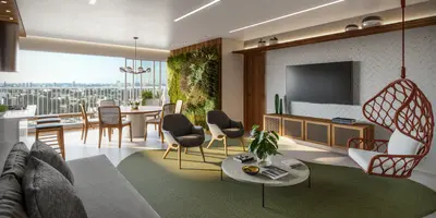 Living, varanda e cozinha com integração total