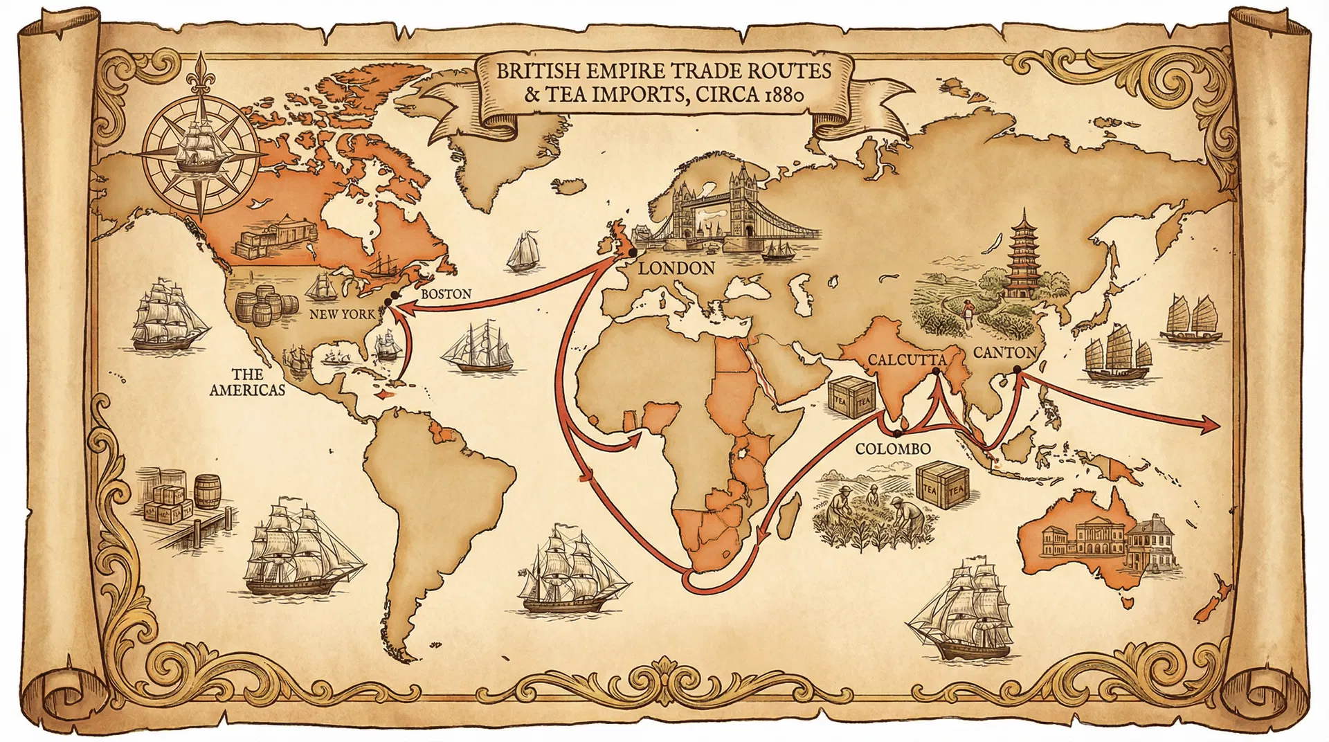 Victorian trade routes map showing ASHBYS global reach from London to India, Ceylon, China, and the Americas