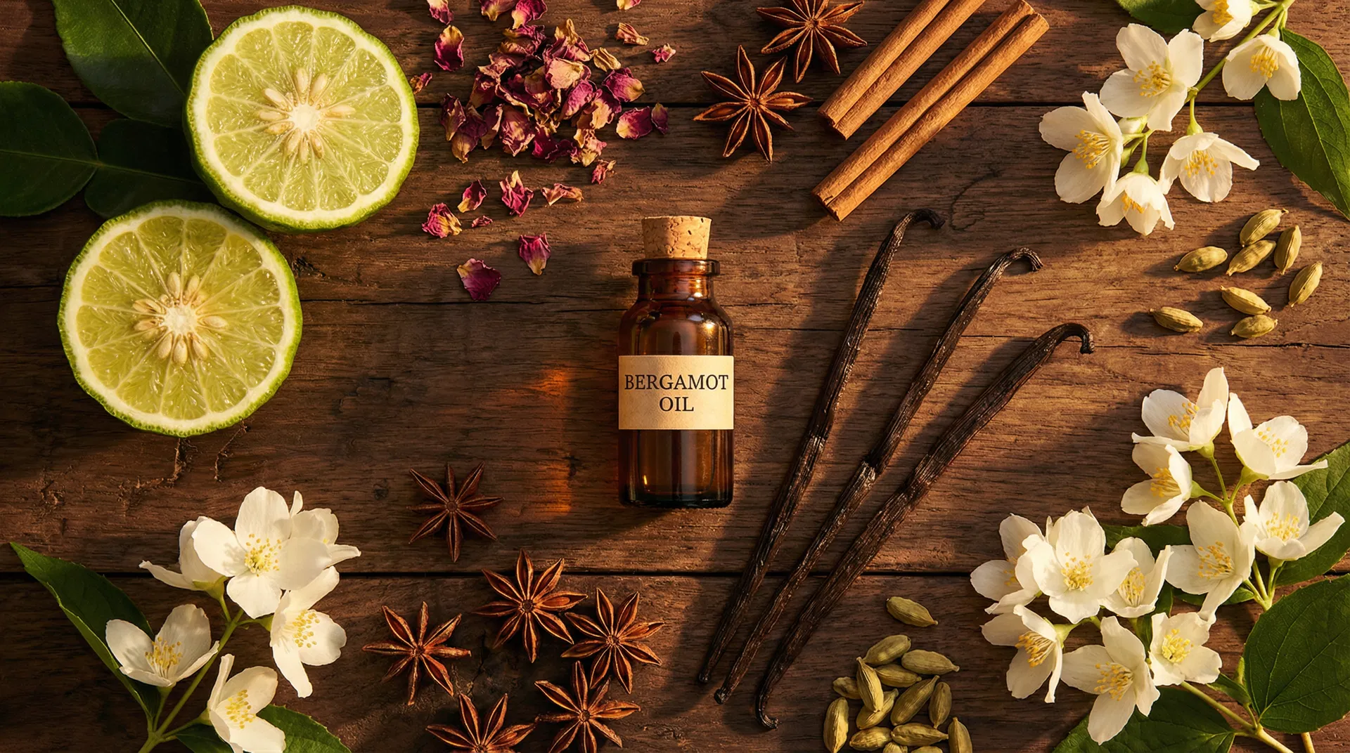 天然香料の原材料 — ベルガモット、バニラ、ジャスミン、シナモンなど