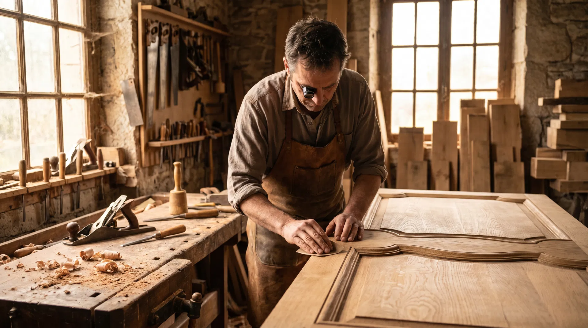 حرفي يعمل على تصنيع باب خشبي