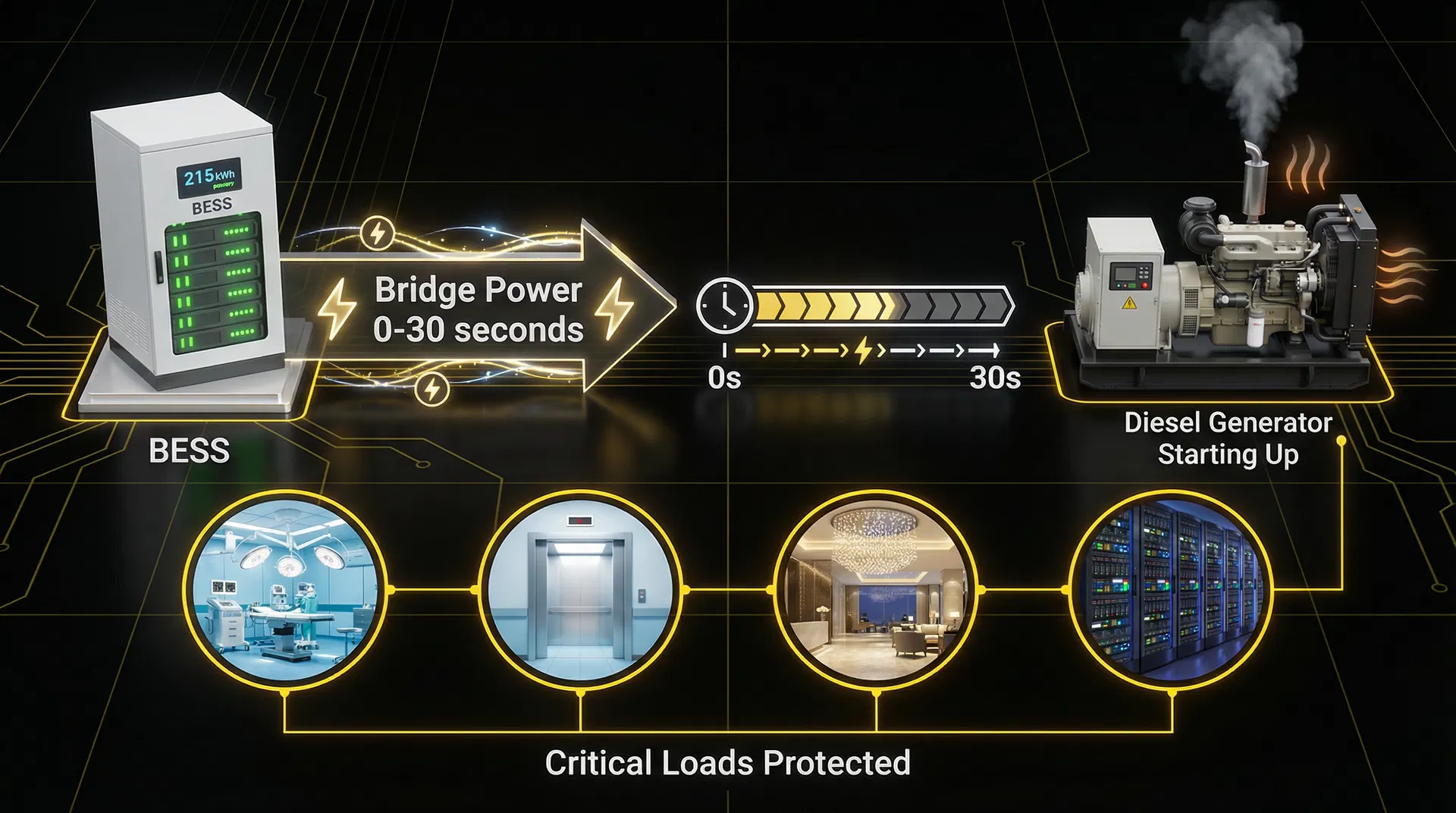 Infográfico Bridge-to-Generator: BESS 215 kWh segura cargas críticas (centro cirúrgico, elevadores, lobby, servidores) enquanto o gerador diesel parte