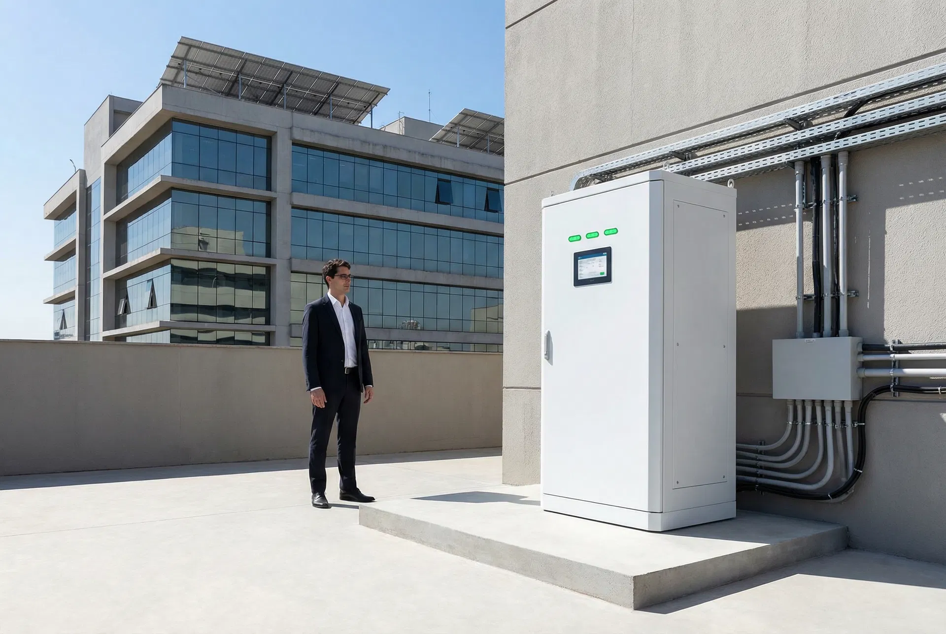 BESS compacto de 215 kWh instalado em edifício comercial — note o tamanho compacto comparado à pessoa ao lado