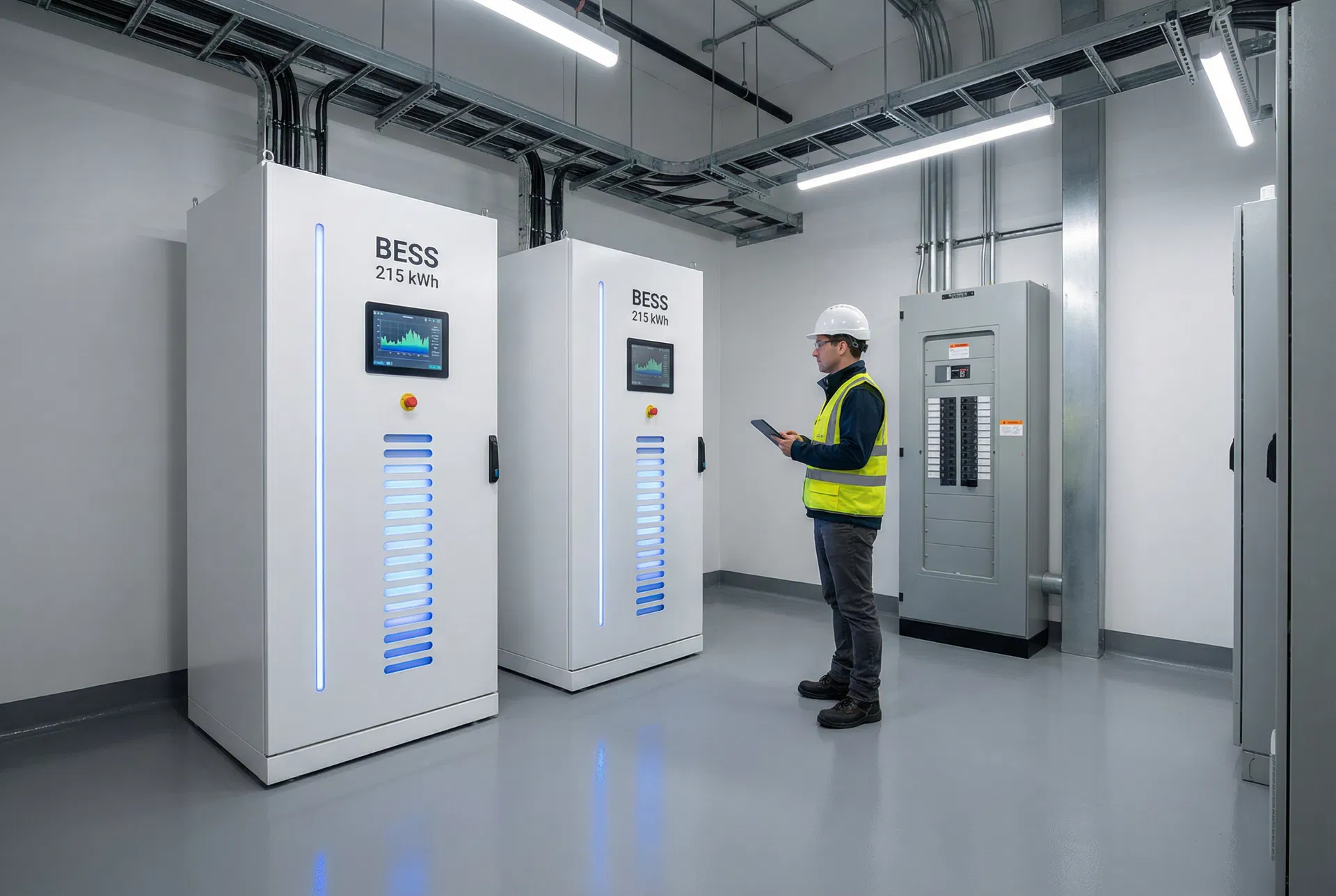 Dois módulos BESS de 215 kWh em sala técnica — comparação de tamanho com técnico e quadro de distribuição