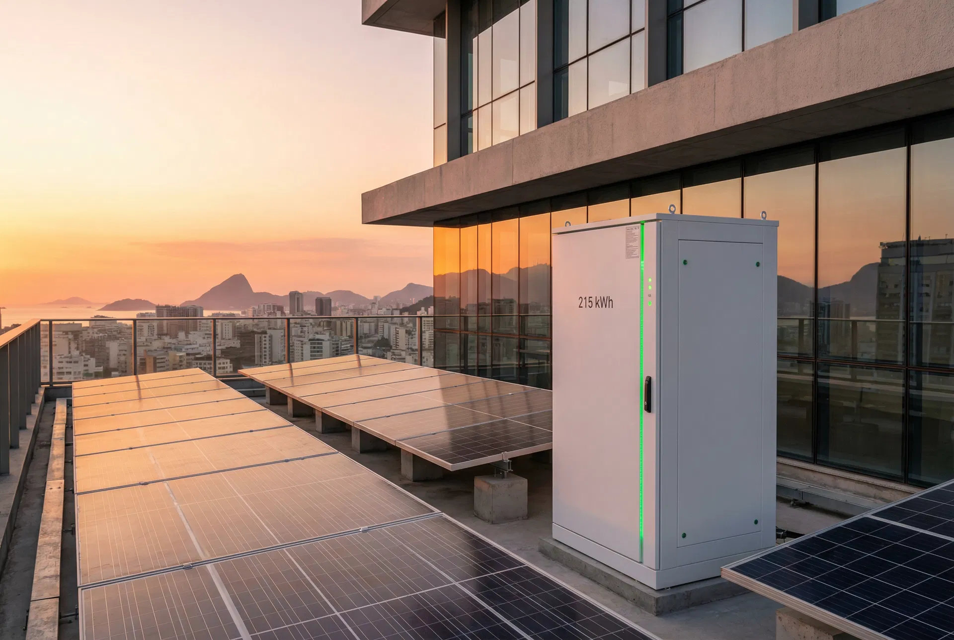 BESS compacto de 215 kWh em cobertura com painéis solares — armazena energia de dia para uso à noite