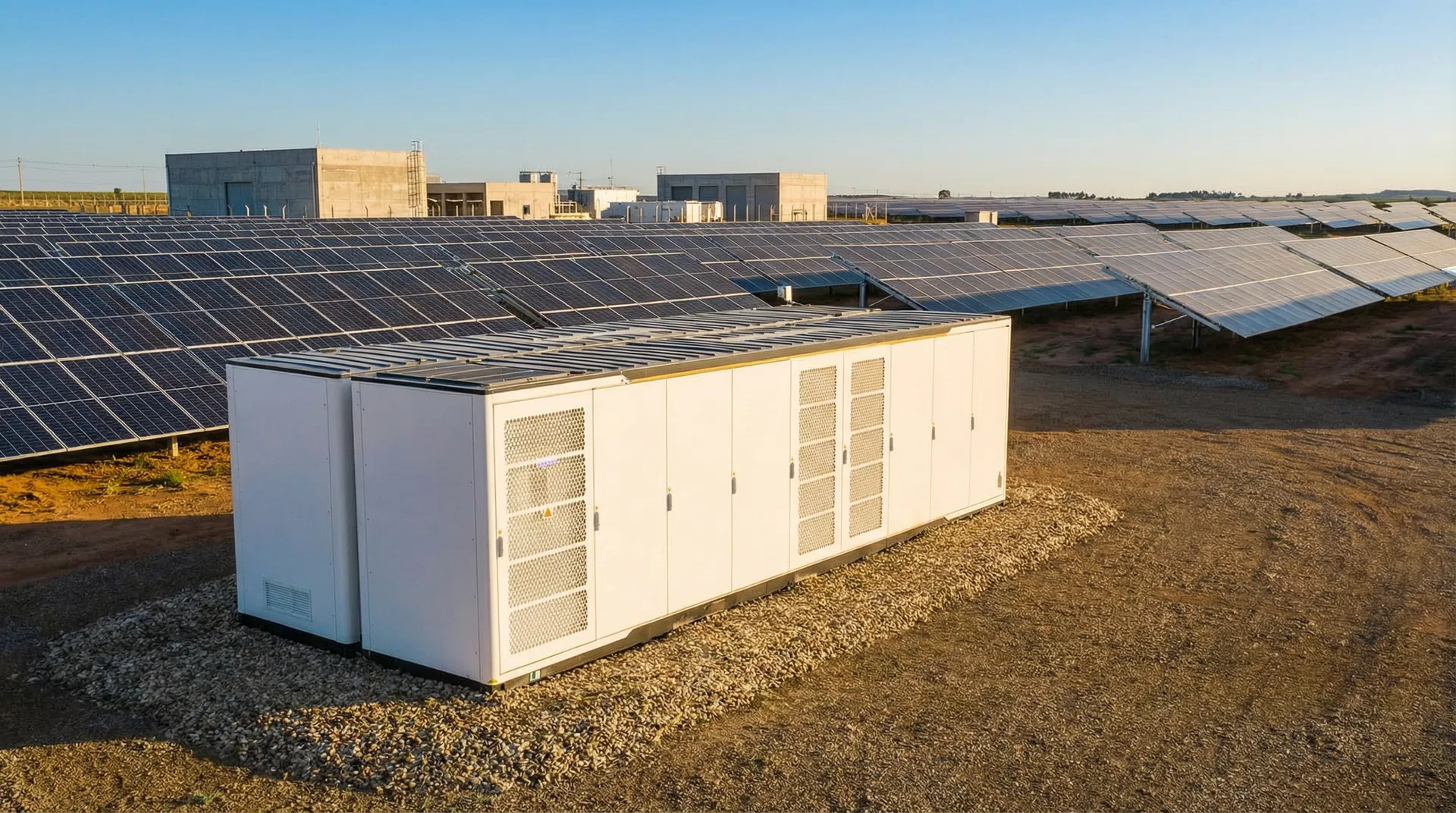 Container BESS de grande porte integrado com usina solar — solução para indústrias e usinas de energia