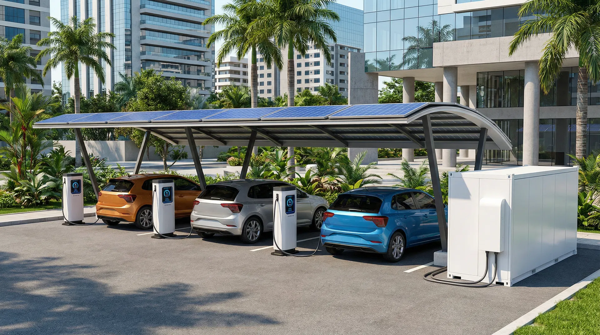 Estação de carregamento de veículos elétricos com carport solar e BESS
