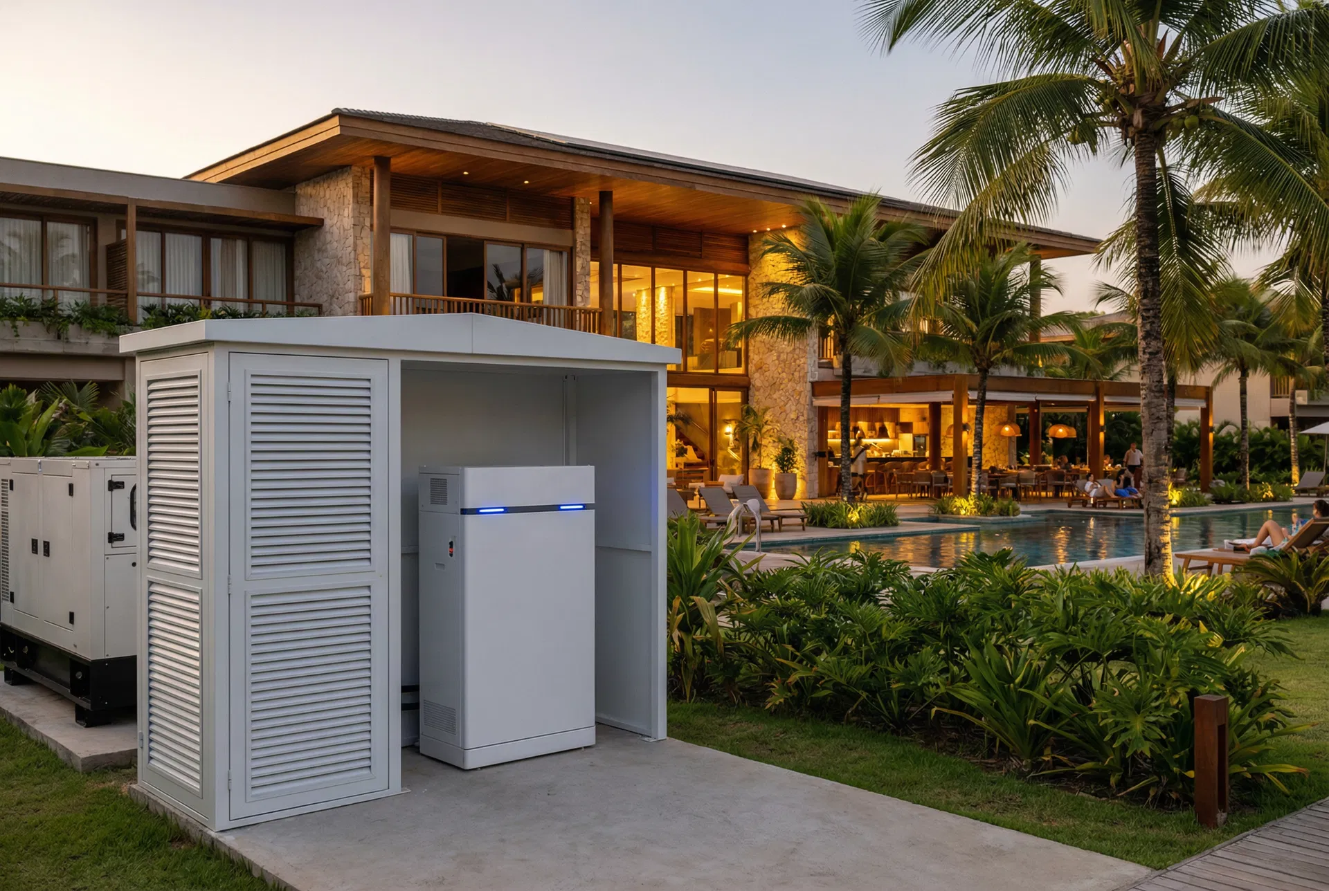 BESS compacto instalado na área técnica de hotel de luxo, ao lado do gerador diesel